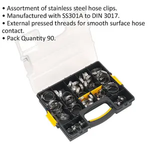 90 Pc Stainless Steel Hose Clip Assortment - 10 to 57mm - Externally Pressed