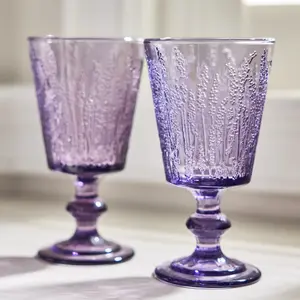 Set of 12 Purple Lavender Embossed Drinking Wine Glass Wine Goblets 300ml