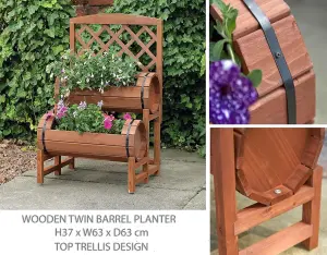 Wooden Garden Twin Barrel Planter With Trellis, Plant Pots For Growing/Climbing Plants - H37 x W63 x D63 cm