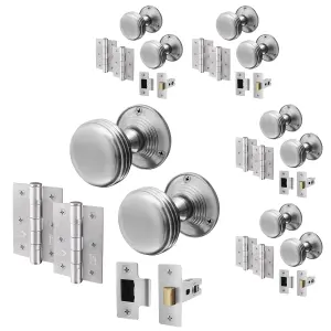 AFIT Lined Door Knob Set Satin Chrome - 4 Pairs of Mortice Knobs (55mm), Latch (76mm) & Hinges (76mm) for Internal Doors