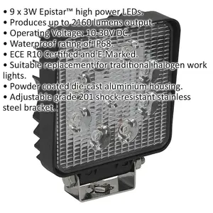 Waterproof Work Light & Mounting Bracket -27W SMD LED - 108mm Square Flash Torch