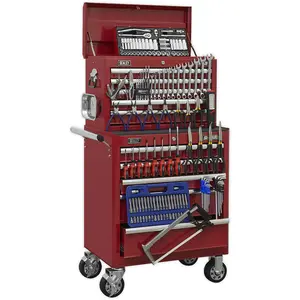 Heavy Duty 10 Drawer Tool Storage Bundle with 147 Piece Tool Kit in Red