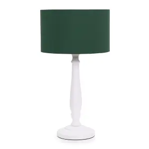 ValueLights Victoria Traditional White Wood Candlestick Table Lamp with Forest Green Drum Shade - LED Bulb Included