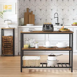 VASAGLE Kitchen Island with Spacious Countertop, Stable Steel Frame Baker Rack, Industrial Kitchen Shelf, Rustic Brown and Black