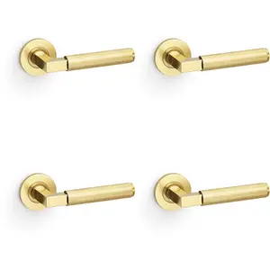 4 PACK - SOLID BRASS Knurled Door Handle Set - Satin Brass Angled Lever on Round Rose