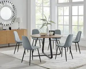 Furniturebox UK Santorini Brown Round Round Dining Table And 6 Grey Corona Black Leg Chairs