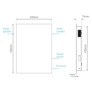 Sensio Avalon Rectangular Wall-mounted Bathroom Illuminated Mirror with Bluetooth speakers (H)70cm (W)50cm