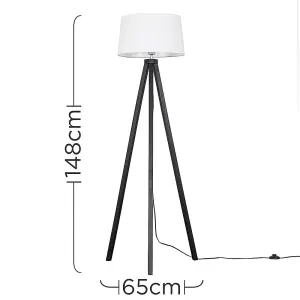 ValueLights Barbro Modern Black Wood Tripod Floor Lamp with White Tapered Shade - Includes 6w LED GLS Bulb 3000K Warm White