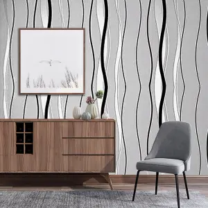 Silver Grey Non Woven Patterned Wallpaper Wavy Striped Wallpaper Roll 5m²