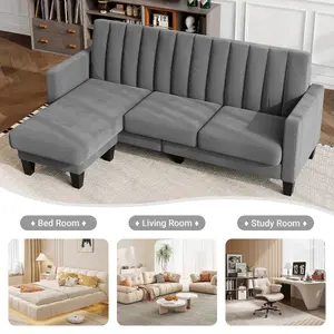 Sectional Couch Velvet L Shaped 3 Seat Grey Sofa with Chaise