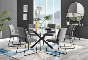 Furniturebox Novara Clear Tempered Glass 120cm Round Dining Table with Black Starburst Legs & 6 Dark Grey Halle Soft Fabric Chairs