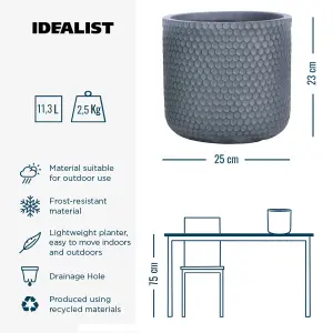 IDEALIST 25cm Small Round Planter, Honeycomb Slate Grey Reinforced Stone Cylinder Outdoor Plant Pot D25 H23 cm, 11L