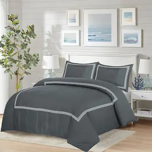 My Home Store Junco Microfiber 3 Piece Luxury Bratta Stitch Duvet Cover Sets With Pillowcase Charcoal/White / Single - 1 Standard Pillowcase