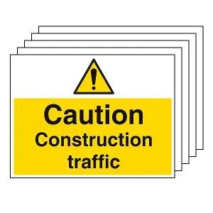 5x CAUTION CONSTRUCTION TRAFFIC Warning Sign Self Adhesive 400x300mm