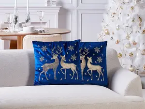 Set of 2 Cushions MERINGUE Velvet 45 x 45 cm Animal Embroidery Dark Blue