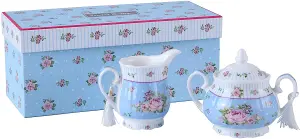 London Boutique Sugar Bowl and Cream Milk Jug Shabby Chic Vintage Floral in Gift box (Rose Blue)