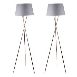 First Choice Lighting Pair Copper Tripod Floor Lamp with Grey Fabric Shade