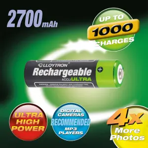 LLOYTRON NiMH Rechargeable AccuUltra Batteries, AA Size, 2700mAh  4 Pack