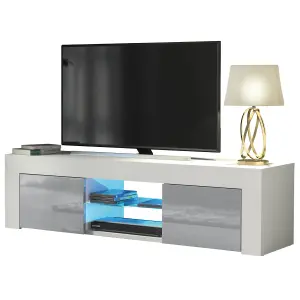 Loom TV Unit 130cm White & Grey with High Gloss Doors and LED Lighting - Creative Furniture