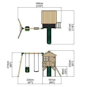 Rebo Orchard 4ft x 4ft Wooden Playhouse with Standard Swing, Baby Swing, 900mm Deck and 6ft Slide - Luna Green