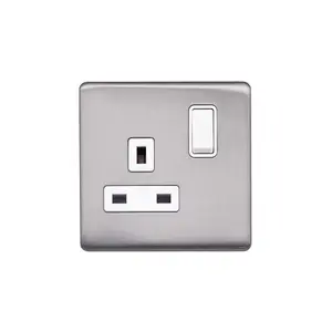 Lieber Brushed Chrome 13A 1 Gang Switched Socket, Double Pole - White Insert Screwless