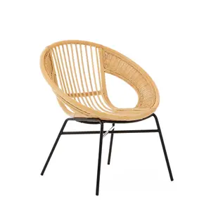 Interiors by Premier Comfortable Natural Rattan And Black Iron Arm Chair, Durable Outdoor Chair, Versatile Natural Dining Chair