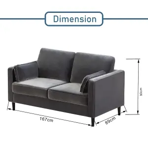 2 Seater Sofa, Velvet Padded Modern Leisure Sofa Upholstered Accent Armchair Couch with Soft Cushion Solid Wood Frame - Gray