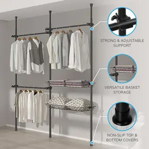 House of Home Telescopic Wardrobe Organiser Double Black Rail Clothes Rack Baskets Storage