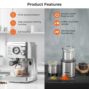 GEEPAS 1140W Espresso & Cappuccino Coffee Machine & 200W Coffee Grinder Combo Set