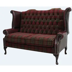 Chesterfield 2 Seater High Back Sofa Lana Terracotta Fabric Antique Oxblood Leather In Queen Anne Style