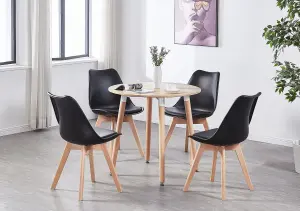 5PCs Dining Set - an Oak Round Dining Table & Set of 4 Black Lorenzo Tulip chairs with Padded Seat