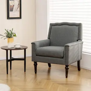 Costway Modern Armchair Linen Fabric Upholstered Single Sofa Side Chair w/ Nailhead Trim