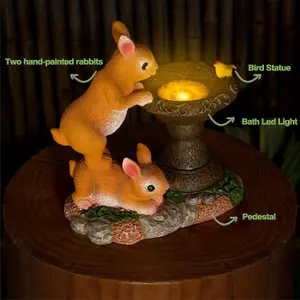 Solar Rabbit Bird Bath Garden Ornaments Outdoor Lights Statue Waterproof Decor