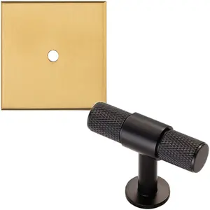 Cabinet Door Knob & Contrasting Backplate Set - Knurled T Bar Pull - Matt Black & Satin Brass