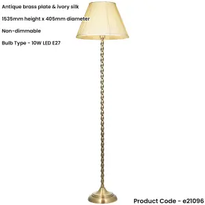 1535mm Floor Lamp - Antique Brass & Ivory Silk Classic Twisted Stem - Standing LED Light Base & Shade