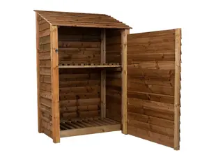 Wooden log store with door and kindling shelf W-119cm, H-180cm, D-88cm - brown finish