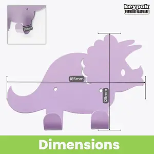 Dinosaur Double Coat Hooks, Door Wall Mounted Hanger Kids Children Room Nursery, Fixings Included (Purple)