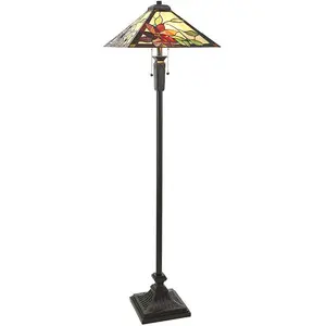 1.6m Tiffany Twin Floor Lamp Matt Black & Flowers Stained Glass Shade i00019