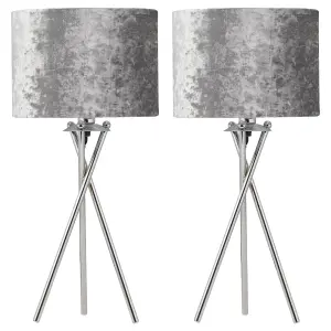 First Choice Lighting Set of 2 Chrome Tripod Table Lamps with Grey Crushed Velvet Shades