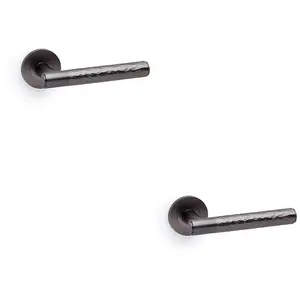 2 PACK - SOLID BRASS Hammered Door Handle Set - Dark Bronze Straight Lever on Round Rose