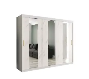 Stylish White Geneva Sliding Door Wardrobe W2500mm H2000mm D620mm - Mirrored Doors, Gold Handles, Spacious Storage