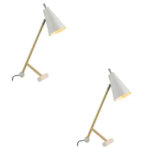 2 PACK Satin Brass & Matt White Task Lamp - Modern Adjustable Table Desk Light