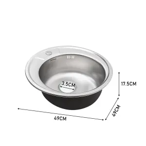 Single Bowl Round Modern Catering Inset Stainless Steel Kitchen Sink with Drainer Dia 490mm