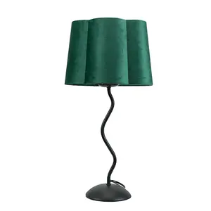 ValueLights Wiggle Black Metal Single Stem Table Lamp with Forest Green Velvet Scallop Lamp Shade and LED Bulb