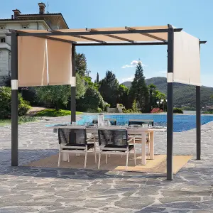 10' x 10' Flat Top Outdoor Pergola with Adjustable  Canopy for Patio Use-Beige