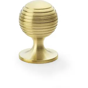 Reeded Ball Door Knob - 38mm Diameter Satin Brass Lined Cupboard Pull Handle