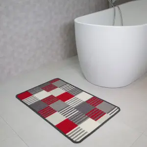 Red Grey Geometric Block Striped Non Slip Washable Kitchen Utility Mat 66x110cm