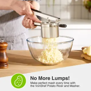 VonShef Potato Ricer Masher, Multifunctional Stainless Steel Fruit & Veg Press w/ Soft Grip Vegetable Masher for Mashed Potatoes