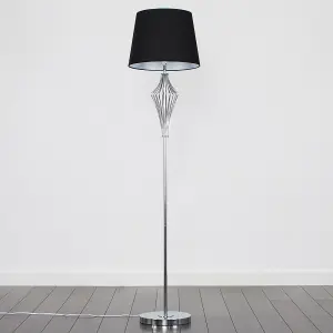 ValueLights Jaspa Modern Polished Chrome Metal Wire Geometric Diamond Design Floor Lamp with Black Tapered Shade