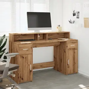 Berkfield Desk with LED Lights Artisian Oak 140x55x91 cm Engineered Wood